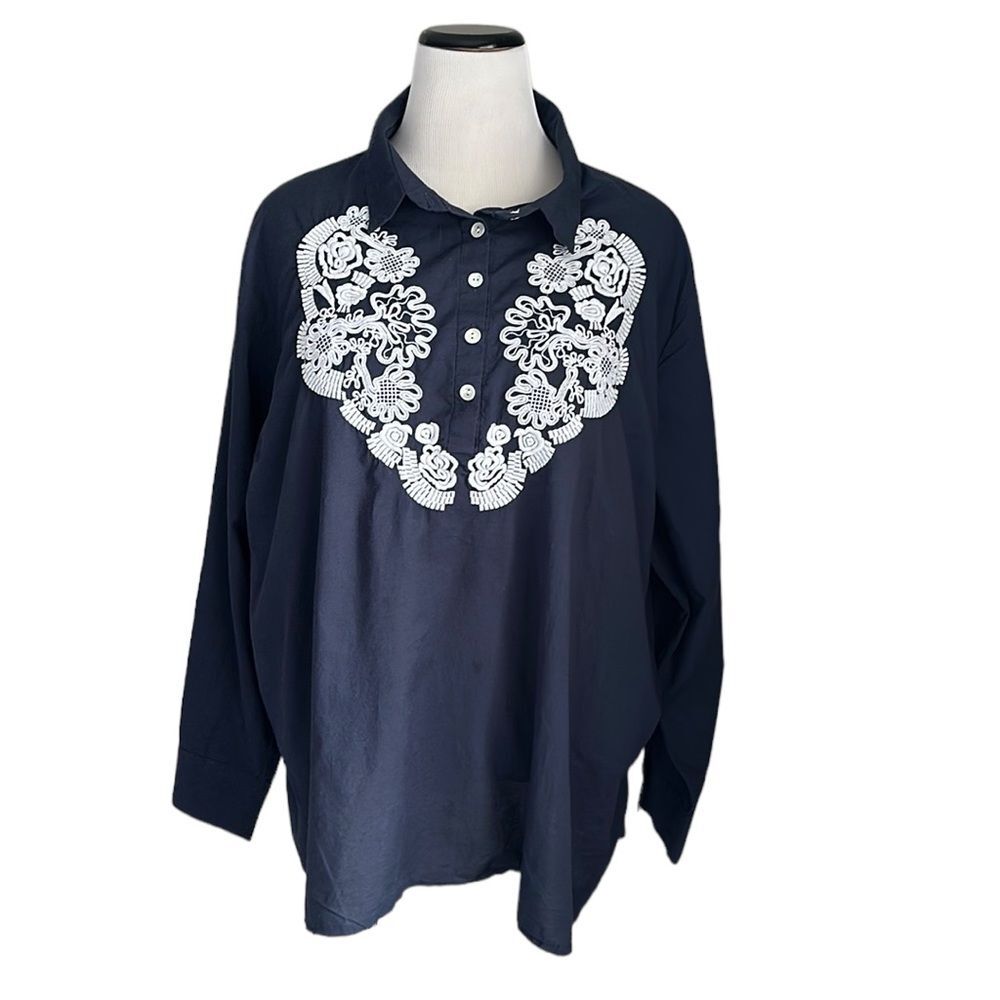 GRETCHEN SCOTT  Acapulco tunic top navy blue white embroidery Size Diva